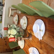 Midcentury Modern Dining Table And Green Upholstered Dining Chairs