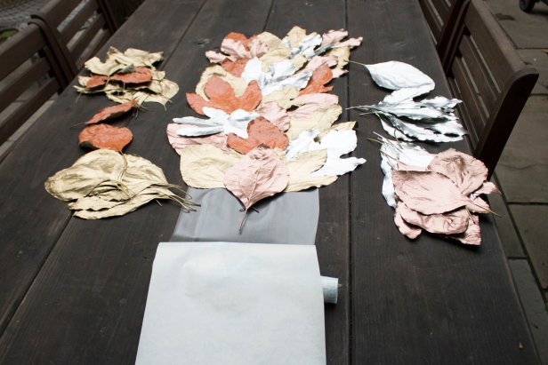 Table runner made of painted leaves.