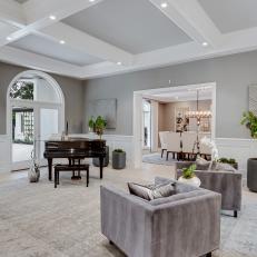 Gray and White Transitional Music Room With Piano