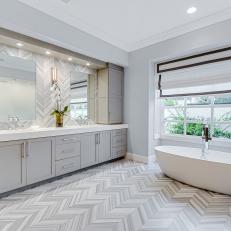 Gray Spa Bathroom With Chevron Stripe Floor