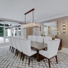 White Transitional Dining Room With Diamond Rug