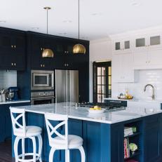 Contemporary Blue And White Kitchen With Modern Details And Work Island