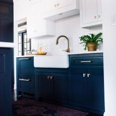 Contemporary Kitchen With Navy Blue Base Cabinets And White Upper Cabinets