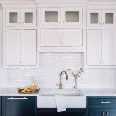 Contemporary Kitchen Remodel With White And Blue Cabinets And Traditional Farmhouse Sink