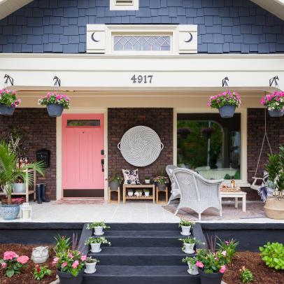Craftsman Front Porch and Pink Door