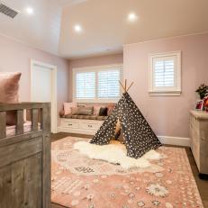 Eclectic Girl's Bedroom in Pale Pink With Play Tent, Faux-Fur Rug, Window Seat