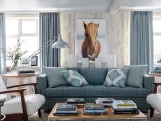 Transitional Neutral Living Room Features Stunning Oversized Horse Photo