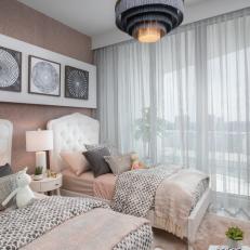 Pink and Gray Children's Bedroom with Fringe Chandelier 