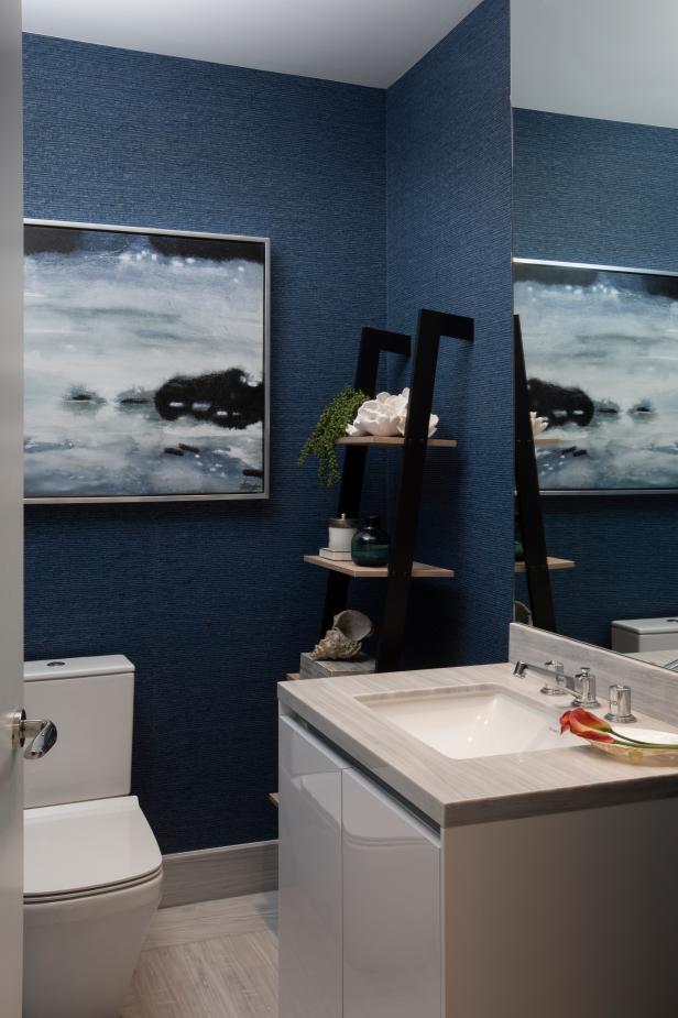 Modern Navy Blue Powder Room with Single Vanity | HGTV