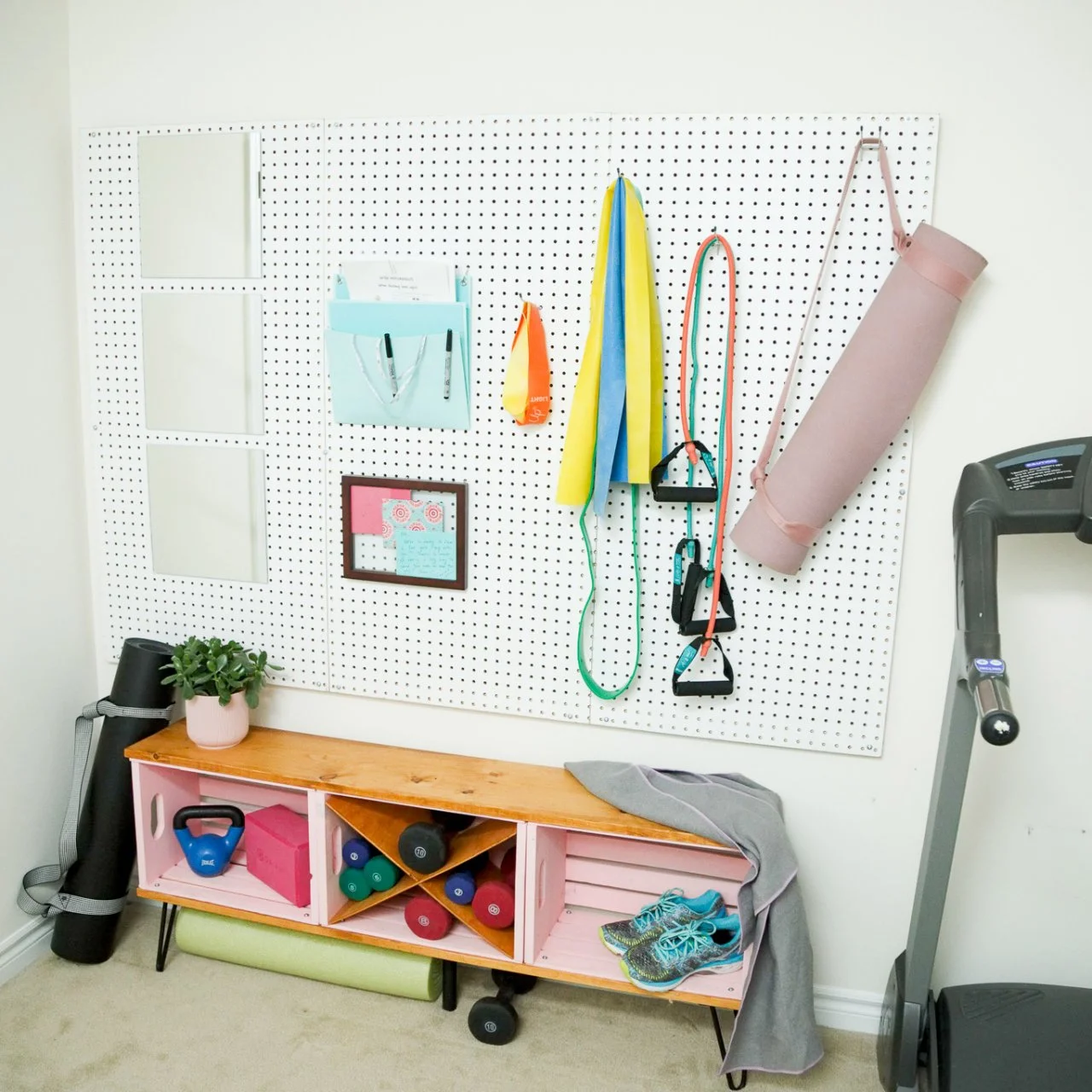 DIY Workout Bench With Pegboard Storage Wall Buy or DIY Crafty Decor Projects You Can Create HGTV