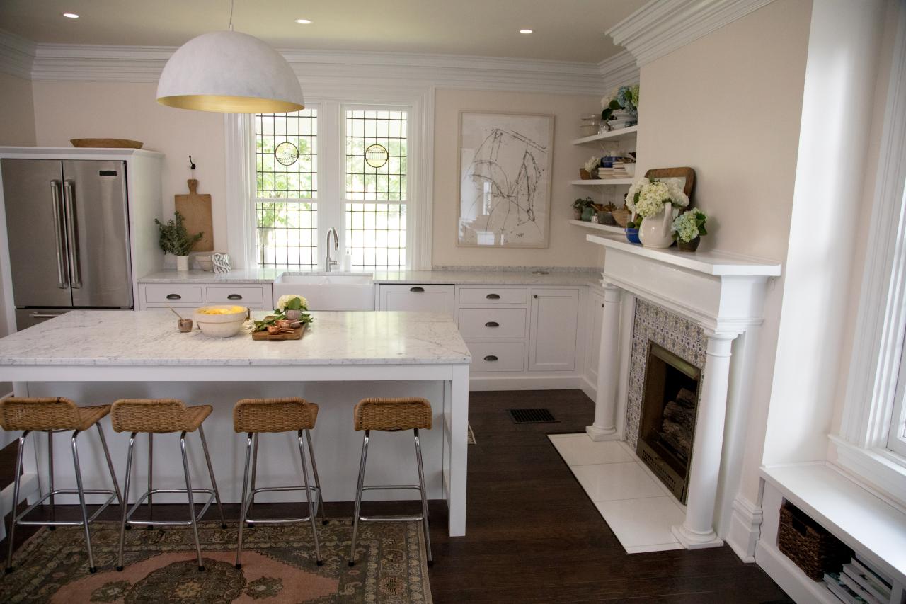 Victorian White Kitchen With White Fireplace Hgtv