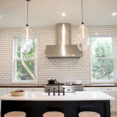 Contemporary Black and White Kitchen with Custom Glass Light Fixtures