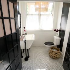 Victorian Black And White Powder Room with Black French Doors 