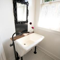 Black and White Victorian Powder Room with White Laundry Sink 