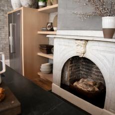 Urban Gray Galley Kitchen with White Fireplace 