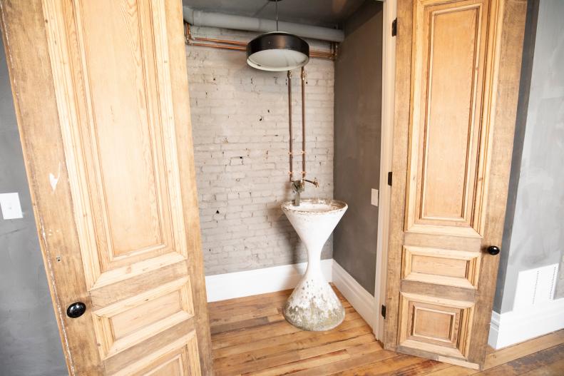 Gray Powder Room with White Vessel Sink, Black Light Fixture 