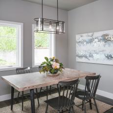 Contemporary Gray Dining Area with Natural Wood Table