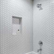 Contemporary White and Gray Shower with Hexagon Tile