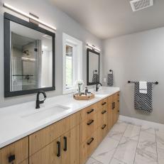 Modern Bathroom with Double Vanity and Center Window
