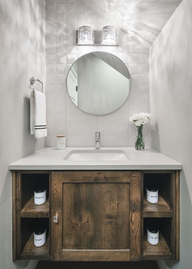 Contemporary White Powder Room With, White Powder Room Vanity