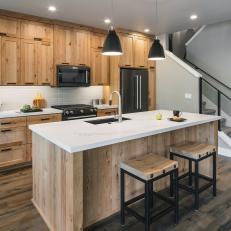 Contemporary Kitchen with Natural Wood Cabinets and Island
