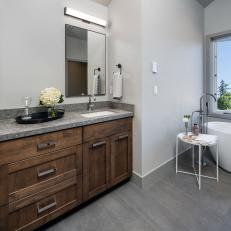 Gray Double Vanity Bathroom and White Table