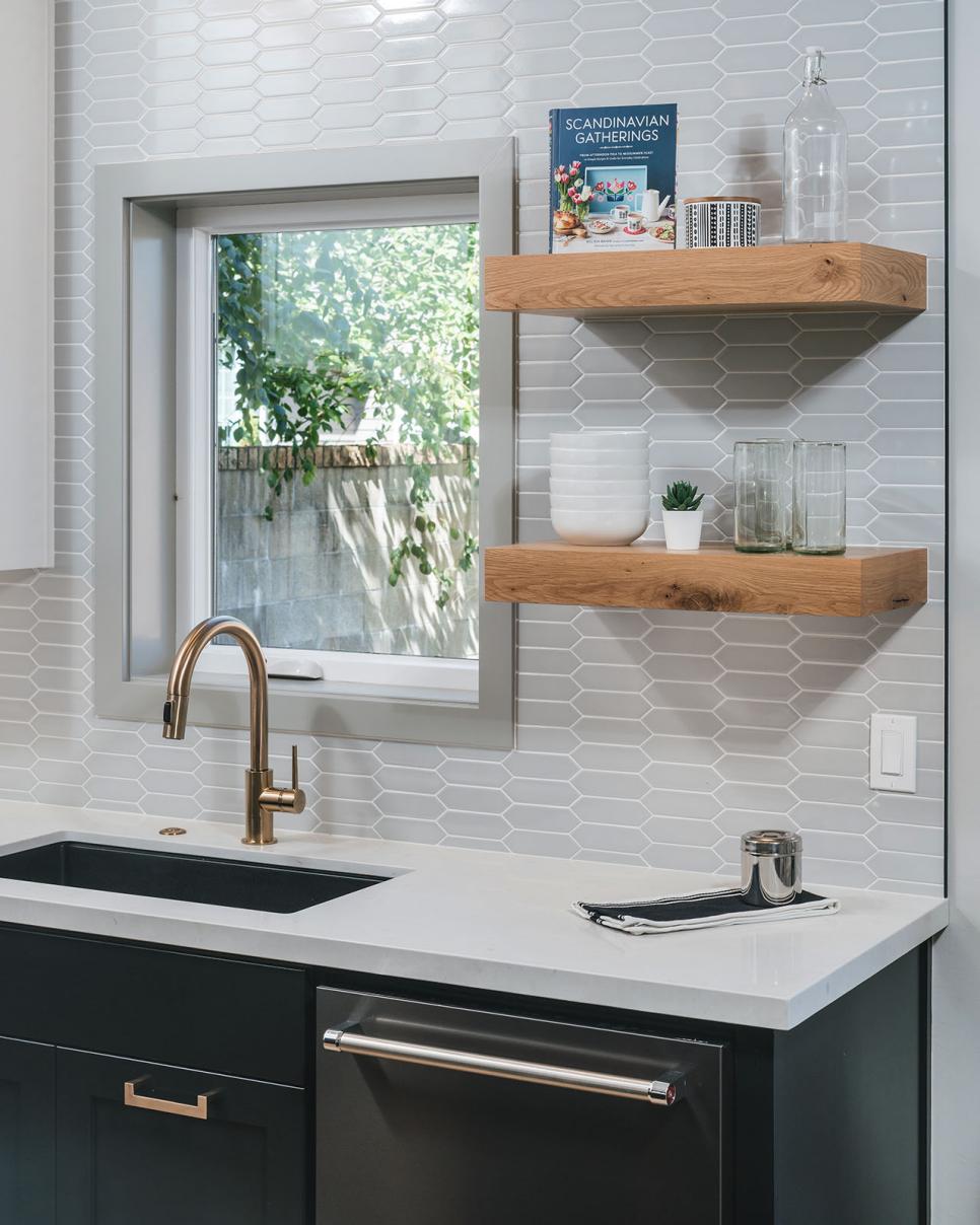 Wood Kitchen Floating Shelves and Gray Backsplash | HGTV