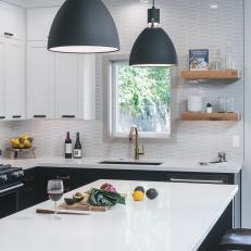 Black and White Kitchen and Wood Shelves