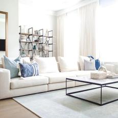 White Transitional Living Room With Blue Pillows
