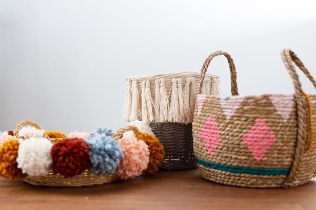 Give your old baskets a new, stylish look by dressing them up with pom-poms, tassels and paint.