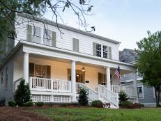 As seen on Home Town, Ben and Erin Napier have completely renovated the Hogue Residence in Laurel, Mississippi.  The exterior now features a new raised porch area, new paint and a new front door that welcomes the Hogues to the downtown area. (After 2)