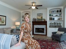 As seen on Home Town, Ben and Erin (C) Napier have fully renovated the Hogue Residence in Laurel, Mississippi.  The large den area has been updated with a new fireplace mantle and warmer paint colors to create a relaxing mood. (portrait)