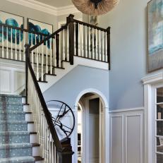 Blue Foyer With Wooden Chandelier