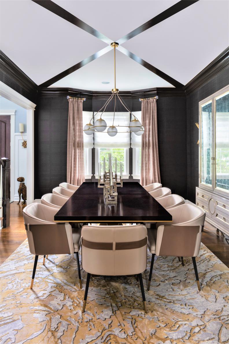 Lux Dining Room With Neutral Curtains, Leather Chairs and Glossy Table