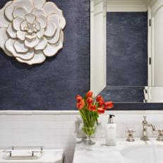 Powder Room With Textured Blue Wallpaper