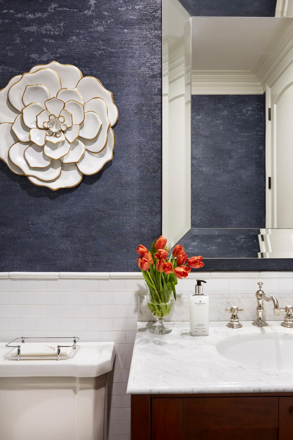 Powder Room With Textured Blue Wallpaper | HGTV
