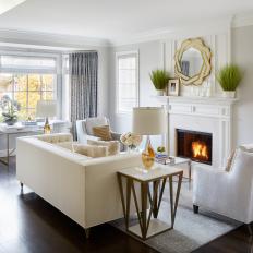 Transitional White Living Room With Fireplace