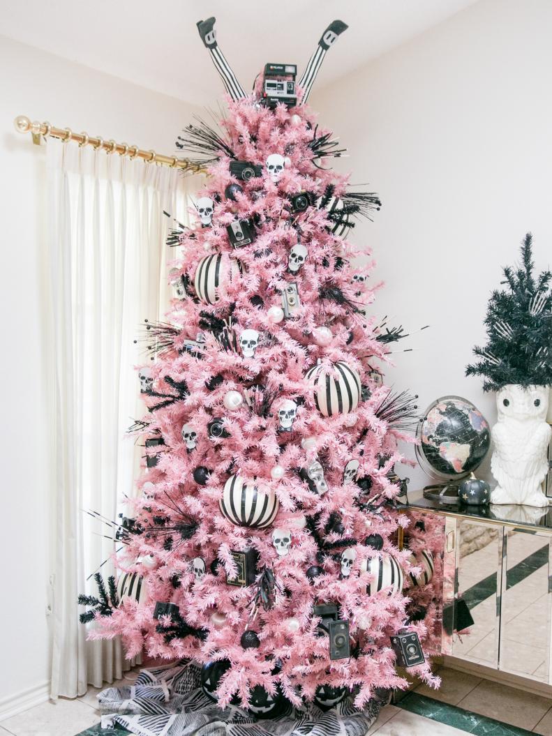 Pastel Pink Halloween Tree With Black and White Striped Ornaments
