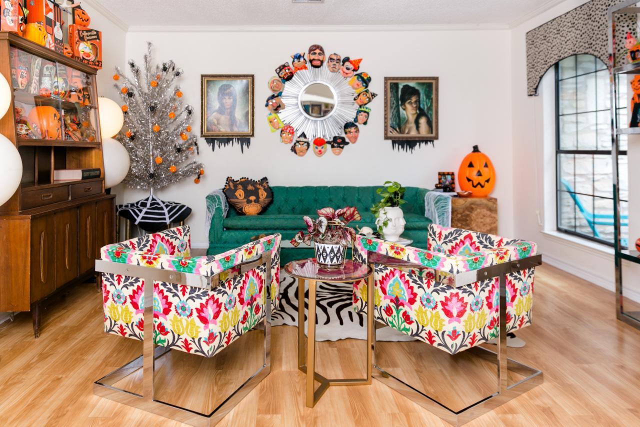 Colorful Retro Inspired Living Room Decorated For Halloween Hgtv