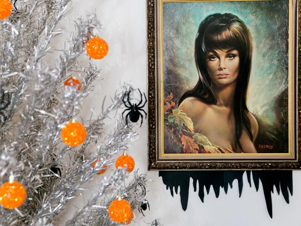 Kitschy ‘60s JH Lynch Print and Aluminum Tree Decorated for Halloween