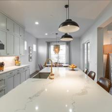 White Contemporary Kitchen with White Quartz Kitchen Island Countertop 