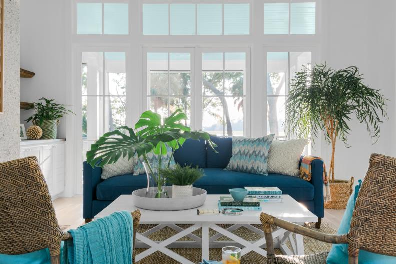 Plants Add Natural Element to White Coastal Great Room