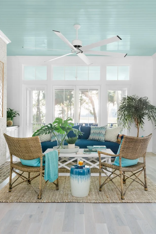 Great Room Sitting Area With Blue-Painted Ceiling