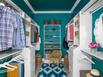 Walk-In Closet with White Shelves and Ikat Pattern Rug