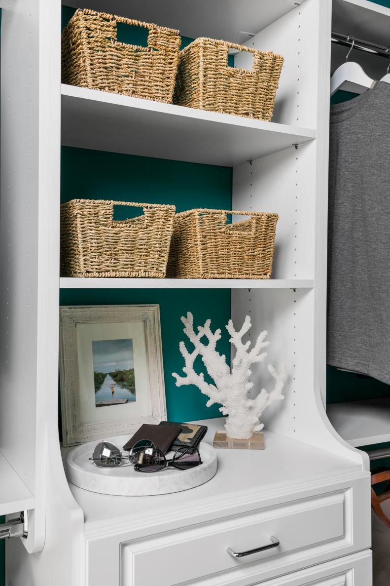 White Shelf with Baskets In Closet