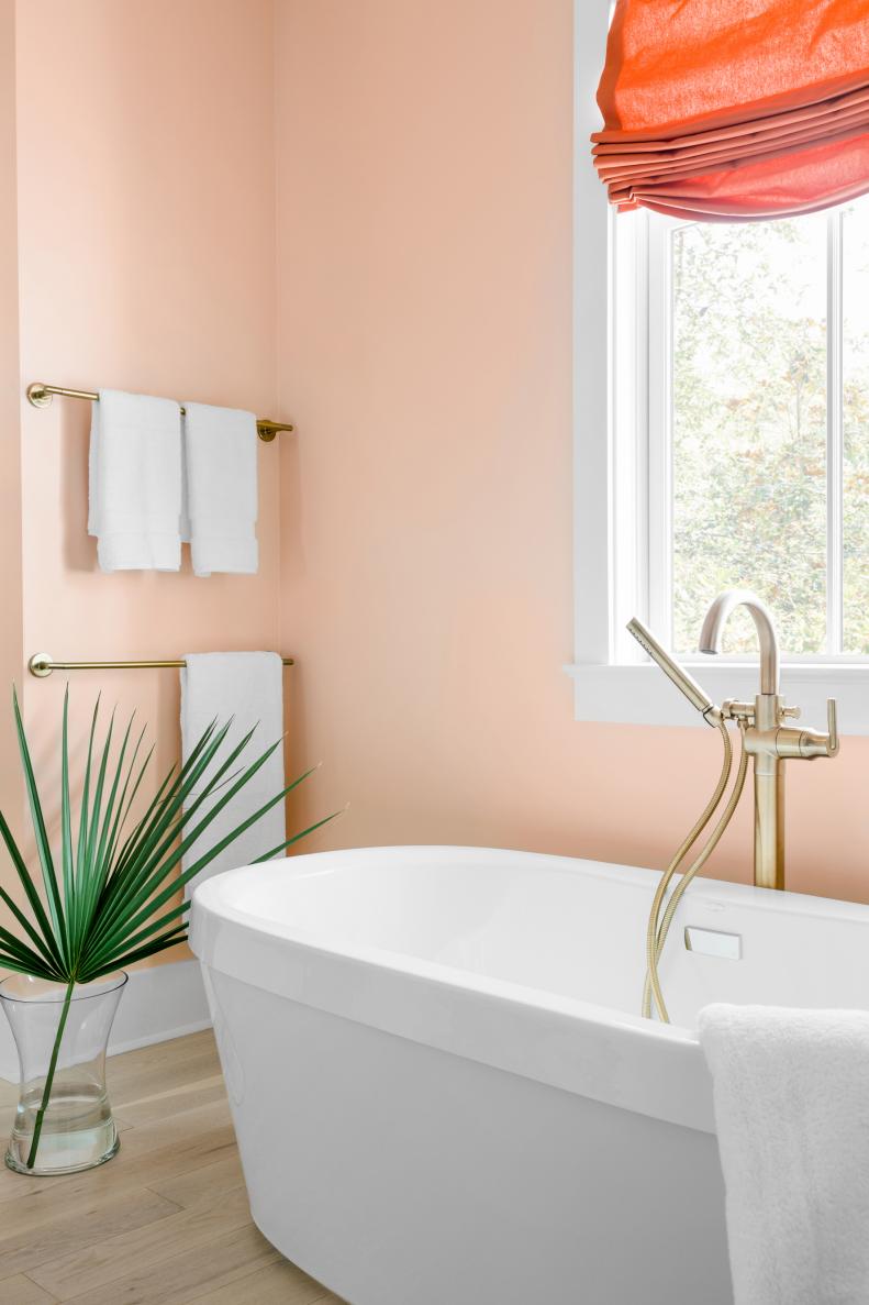 Pink Bathroom With White Soaking Tub