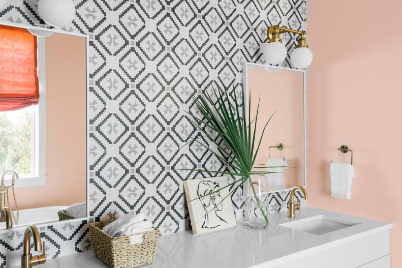 Black-and-White-Tiled Wall Creates Glam Bathroom Backdrop
