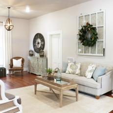 Neutral Shabby Chic Living Room Features Rustic Wood Accents