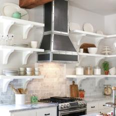 Black Range Hood Adds Contrast to White Transitional Kitchen