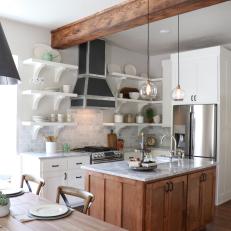 White Eat-In Kitchen With Exposed Wood Ceiling Beam